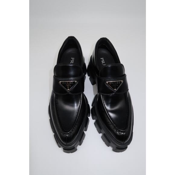 Prada Leather Monolith Triangle Logo Platform Brushed Loafers Black Size 37.5 - Picture 2 of 11